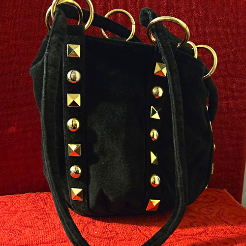 Carla Mancini Black Studded Women’s Shoulder Bag, Gold Tone Ring Hardware