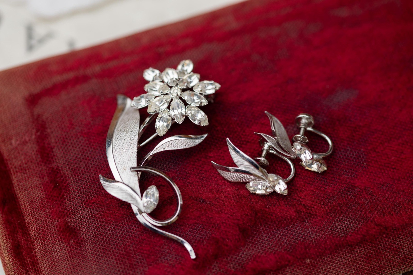 Vintage Sterling Brooch Earring Set Rhinestone Estate Jewelry