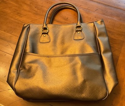 Metallic Bronze Tote with Double Handles, Solid Pattern, Rectangle Shape