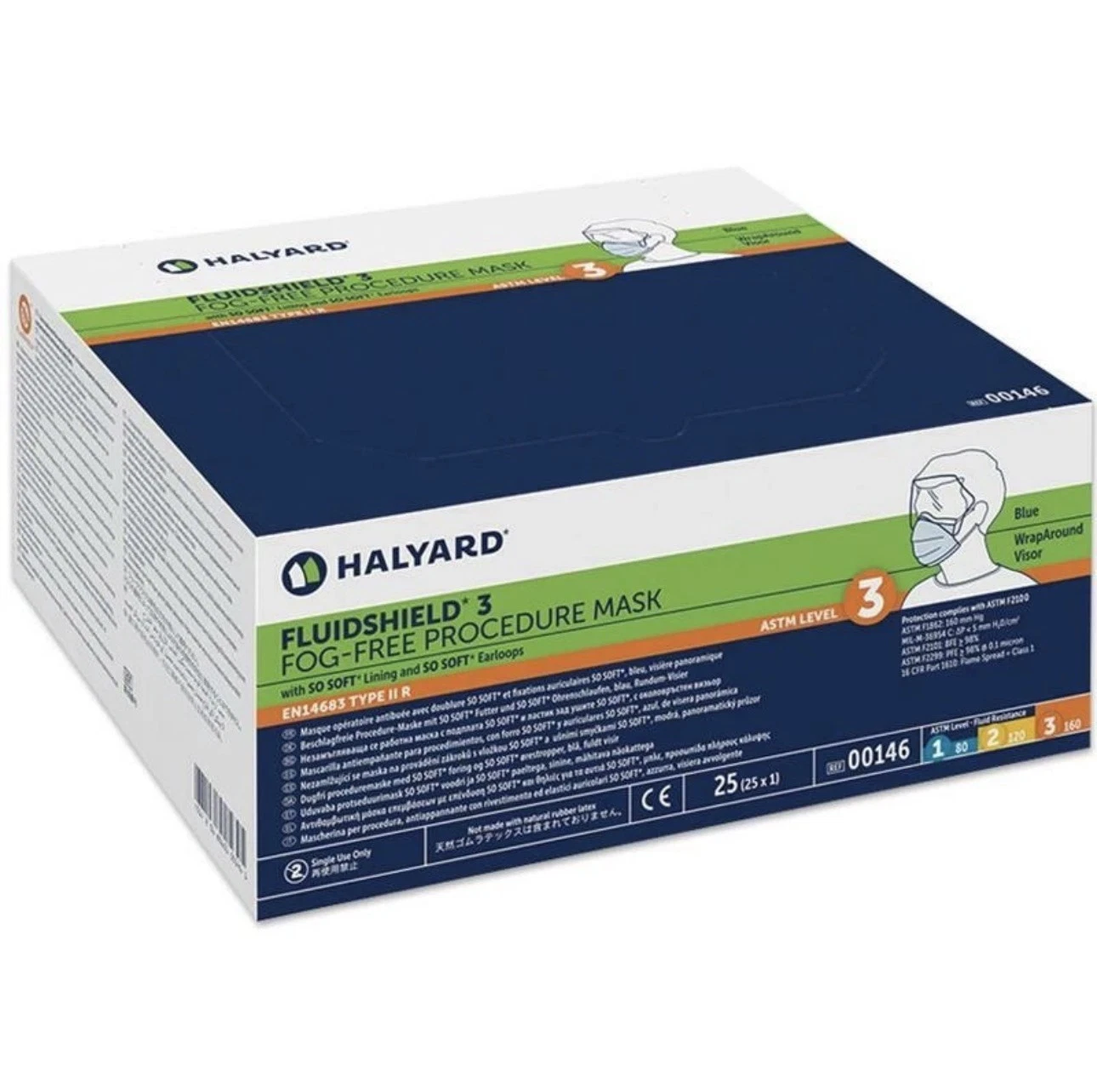 *25-Pieces* Halyard FluidShield ASTM Level 3 Fog-Free Procedure Face Mask 00146