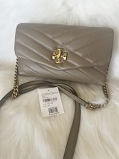 Tory Burch Kira Chevron Quilted Leather Taupe Chain Wallet Small Crossbody NWT