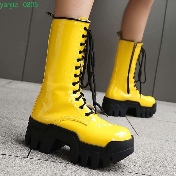 Gothic Women's Platform Mid Calf Boots Lace Up Sjhoes Zip Block Heel Chic Punk