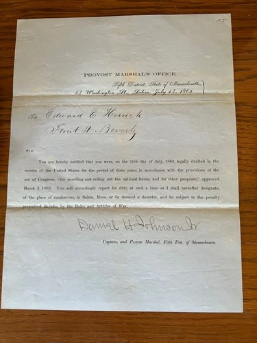 Civil War Draft Notice, 5th district State of Massachusetts 1863