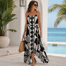 Express Asymmetric Geometric Maxi Dress Sz XS Resort Art Deco Monochrome Hanky
