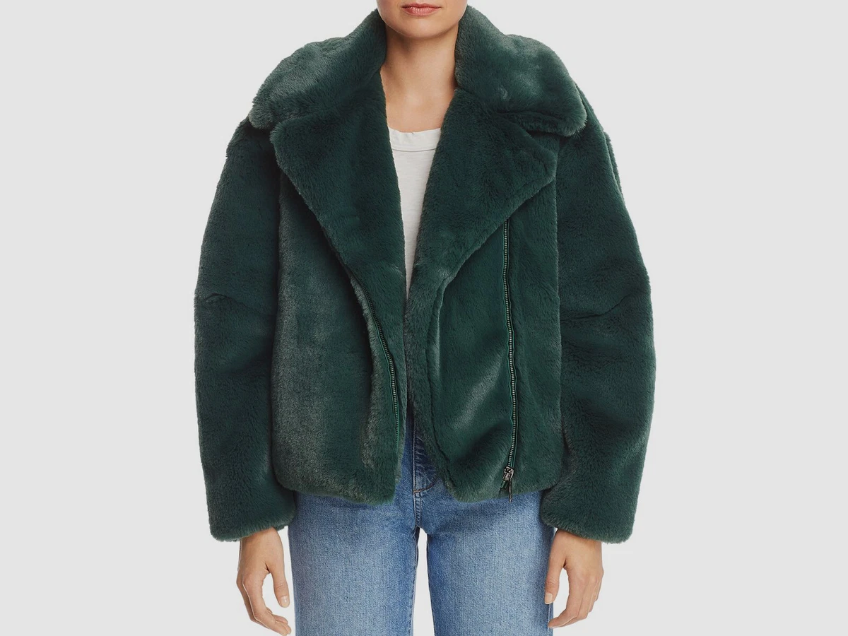 762 Heurueh Women s Green Greta Faux Fur Moto Biker Winter Jacket Coat Size L
