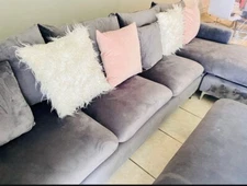 3 Pcs Suede Gray Velvet Sectional Sofa Couch Set with Ottoman Shumpert 2 Willa