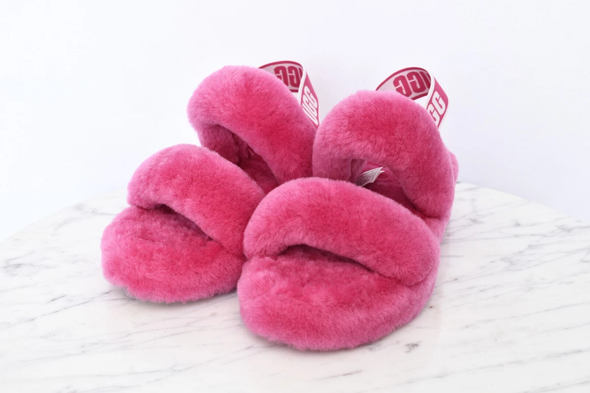 UGG Oh Yeah Fluffy Sheepskin Hot Pink Slide Sandals Womens Sz 9