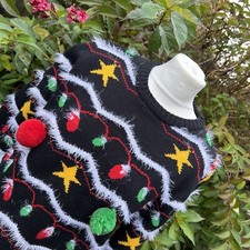 ASVP Retro Pom Pom Bauble Multicolour Christmas Stars Jumper Xmas Sweater S