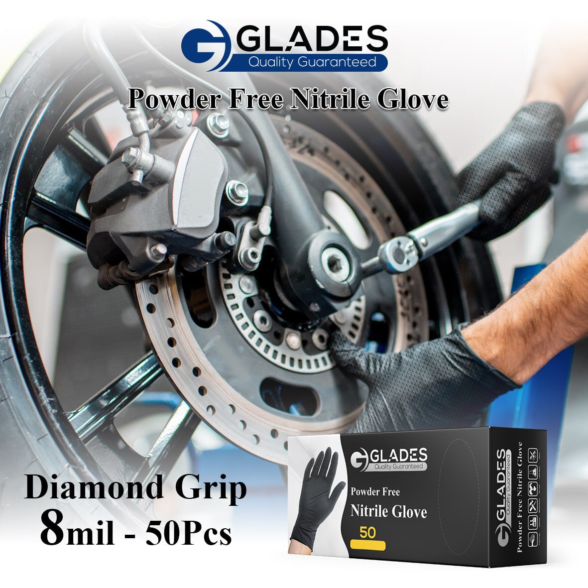 GLADES™ 8 Mil Heavy Duty Nitrile gloves Diamon Texture Indutrial