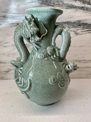 Yi Lin Ants and Treasures of China Celadon Porcelain Double Handle Dragon Vase