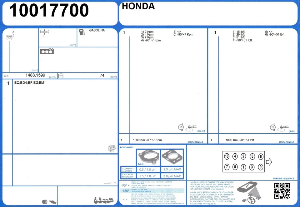 Conjunto de juntas de conversión de reconstrucción completa del motor HONDA ACCORD 1.6 82 EF (1976-/1979) Foto 2 de 2