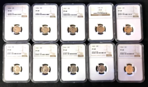 10 Rooseveldt Dimes 1955 - 1964 Graded PF 68 By NGC