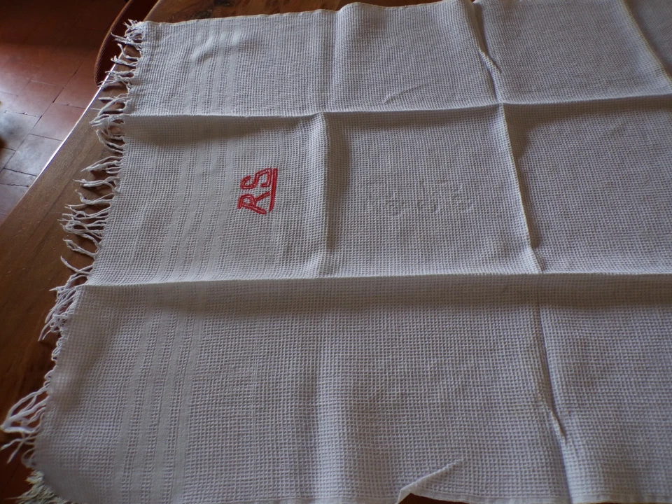 Linge ancien Serviette toilette nid d'abeille coton blanc liteaux   et franges - Photo 3/4