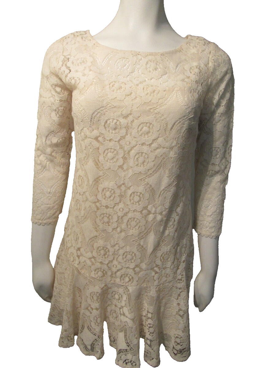 free people cream lace pullover mini dress top peplum size 2 snap away  lining
