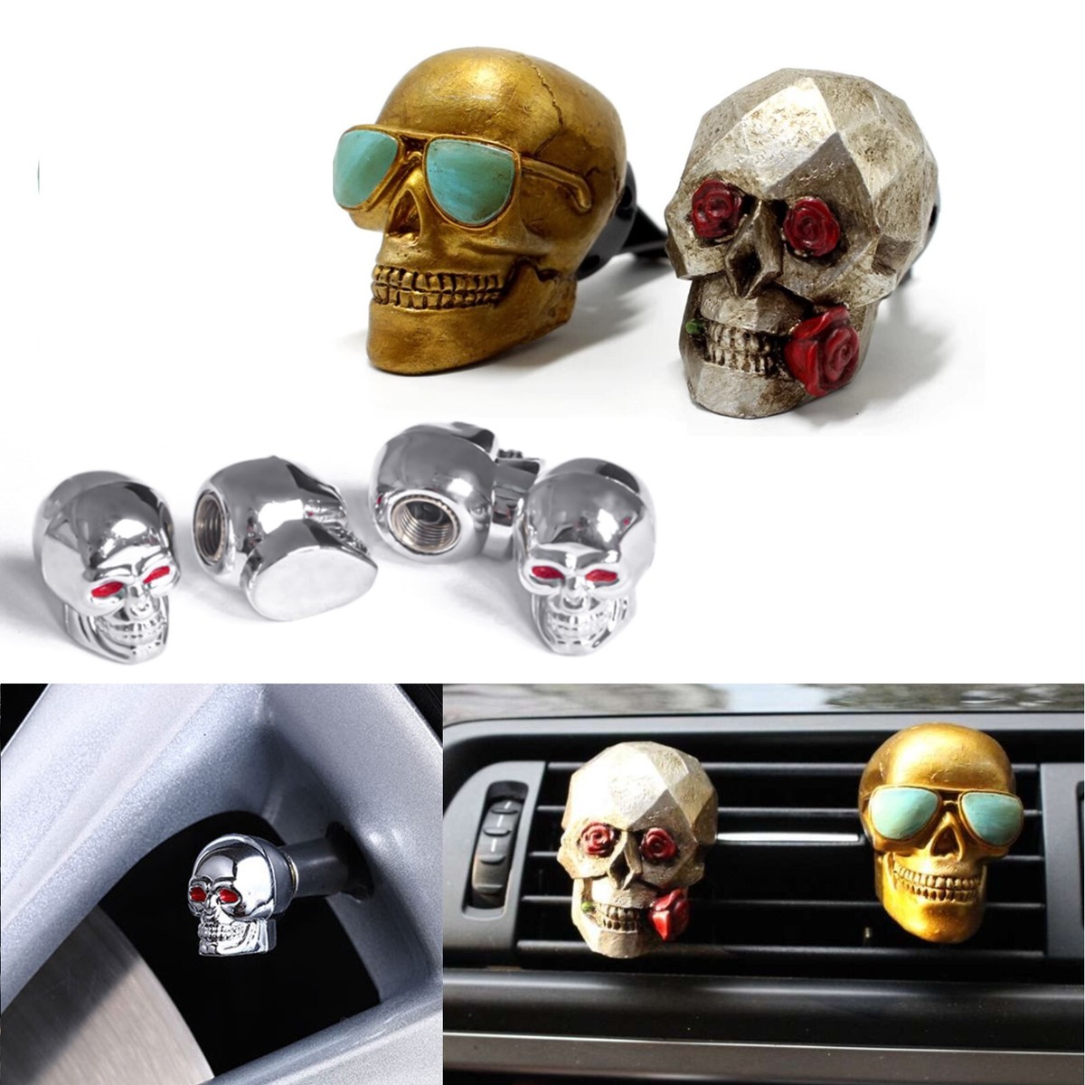 Skull Air Vent Freshener Clip+Valve Stem Caps Wheel Decor Set for