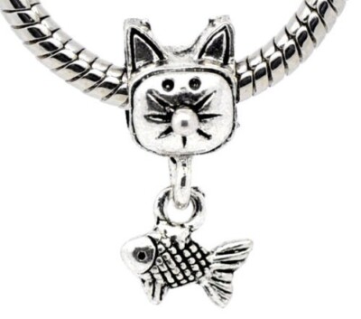 Cat with Fish European Large Hole Bead For Charm Bracelets C157