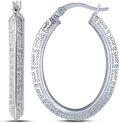 Italian 925 Sterling Silver Greek Key Pattern 35MM Oval Hoop Earrings For Women