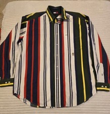 VTG Tommy Hilfiger Shirt Mens SZ L Multicolor Red Blue White Stripes Lion Crest