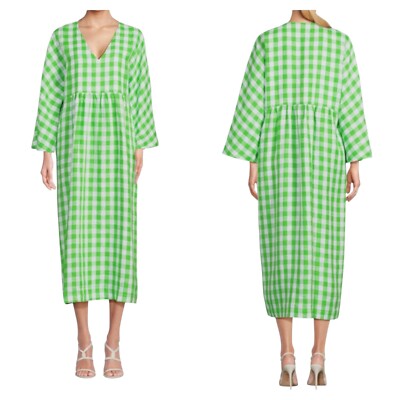 Mara Hoffman Aviva Midi Dress XS Green Gingham Check 100% Hemp Sustainable NWOT