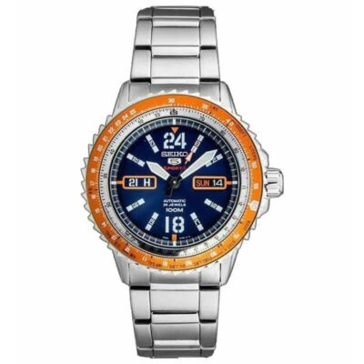 New Seiko 5 SRP351K1 Sports Silver Blue Dial Orange Bezel Automatic SRP351