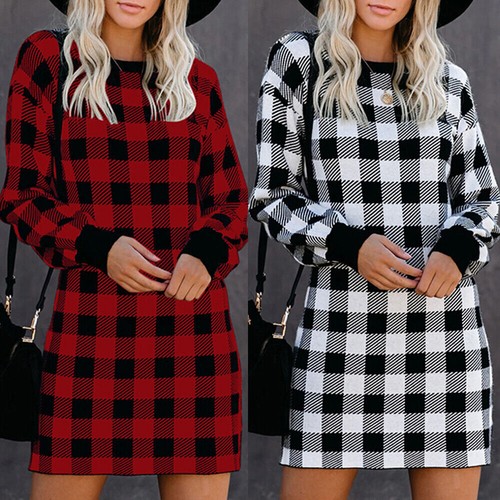 Women Long Sleeve Plaid Shirt Dress 