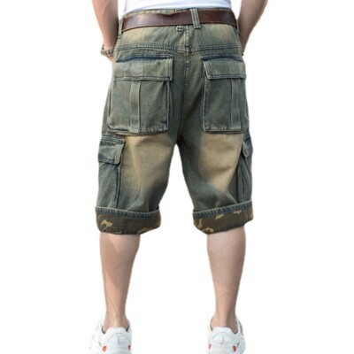 Men Baggy Casual Denim Shorts Hip Hop 3/4 Length Jeans Roll Up Cargo Pocket  Blue
