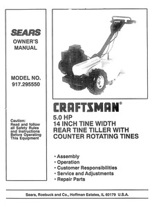 Craftsman 5 HP Tiller 14" Tiller Operator Instruction Maint Manual 917.