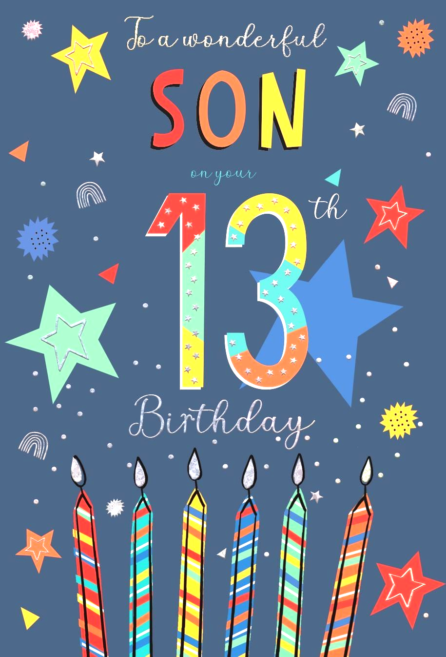 Birthday Card SON 13th 13. *Nine Inch Silver-Foiled Card, Paper pages inside*