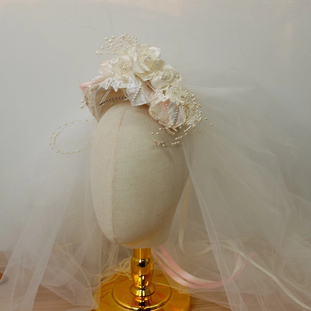 Vtg Ivory Bridal Wedding Hat Tier Tulle Veil Pearl Beaded Headdress *Minor Aging Pearl Wedding Veil, Ivory Bridal Veil, Polka Dot Veil, Tulle  main image 3