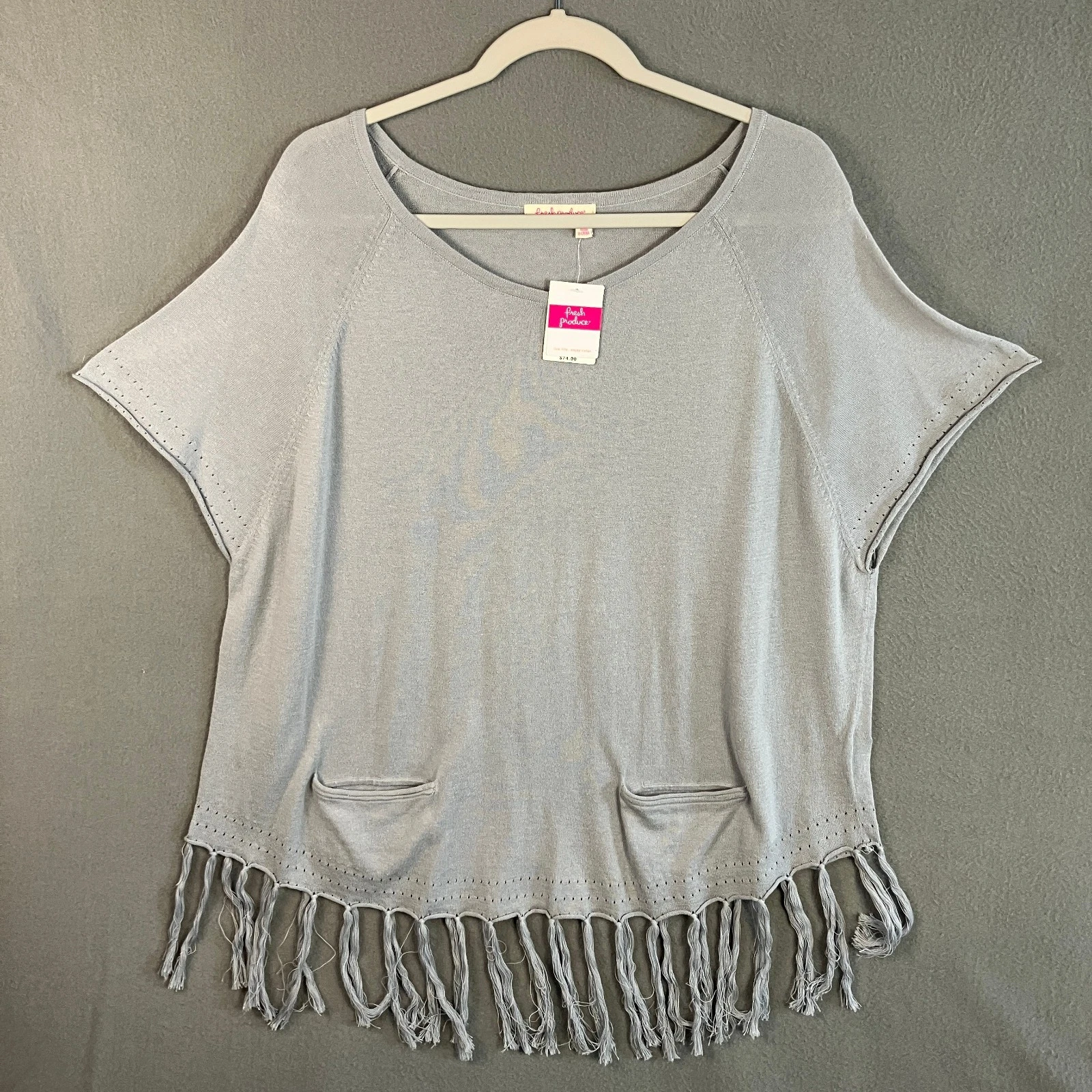 Fresh Produce Women's Short Sleeve Fringe Poncho Sweater Size M/L Gray NWT