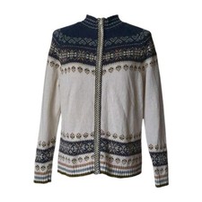 Vintage Tiara International Fair Isle Full-Zip Cardigan Sweater Cream Navy Blue