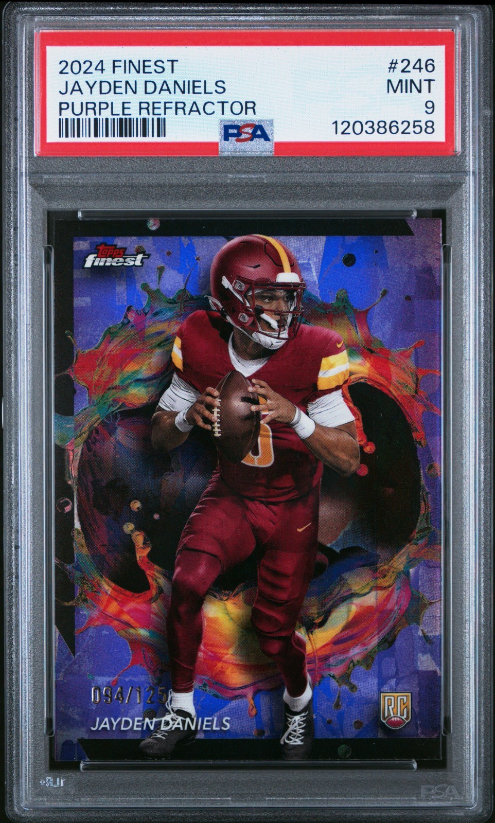 2024 TOPPS FINEST PURPLE REFRACTOR #246 JAYDEN DANIELS RC #94/125 SP PSA 9 MINT