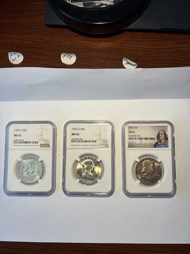 Franklin Half Dollars NGC Graded, 1949S MS62, 1953S MS65, 1956 MS66