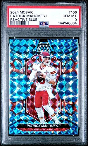2024 Panini Mosaic Patrick Mahomes II Reactive Blue Prizm Card #106!  PSA 10!