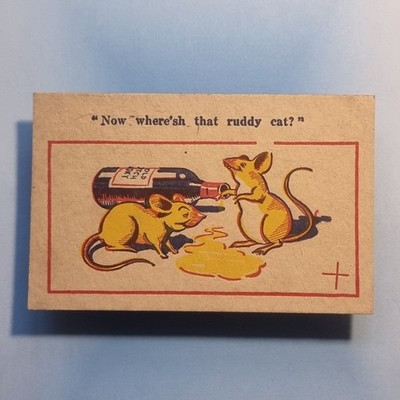 Comic Postkarte um 1950 Donald McGill betrunkene Mäuse Whisky Wo ist Katze