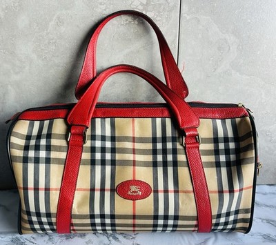 Vintage Burberrys Nova Check Duffle Bag with Red Leather Handles for Women