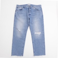Madewell Women Jeans Light Blue The Dean Easy Straight Distressed Raw Hem 33