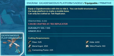 ARK ASCENDED PVE GIGADESMODUS SADDLE   PLATFORM SADDLE