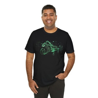 Cyberpunk Motorcycle T-Shirt Matrix Rain Digital Green Code Sportbike Hacker