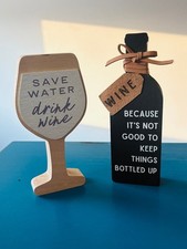 Decorative Wood Wine Bottle and wine Glass Signs - Black and Natural