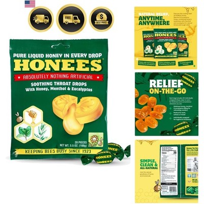 Honey Menthol Cough Drops - 20-Piece, Single Pack Honey-Filled Lozenges | Tem...