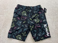 Hurley Board Shorts Boys 10-12 Black Shark Print Elastic Waist Swim Trunks