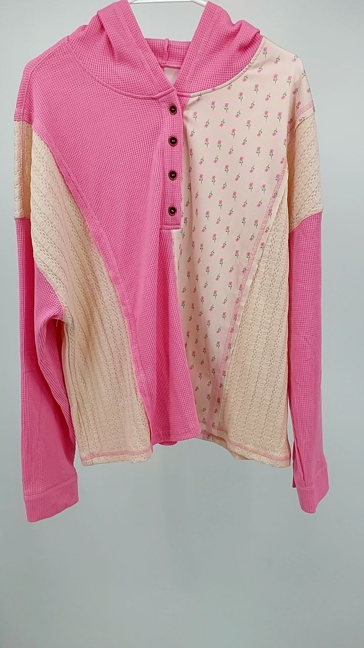 Mixed Texture Waffle Floral Patchwork Hooded Over… - image 2