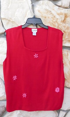 VTG CLIO II 2X Beaded Red Silk Cotton Square Neck Top Sleeveless Classic