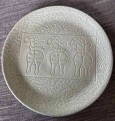 Handcrafted Studio Pottery Stoneware Cat Plate Sage Green Signed By Artist 10 