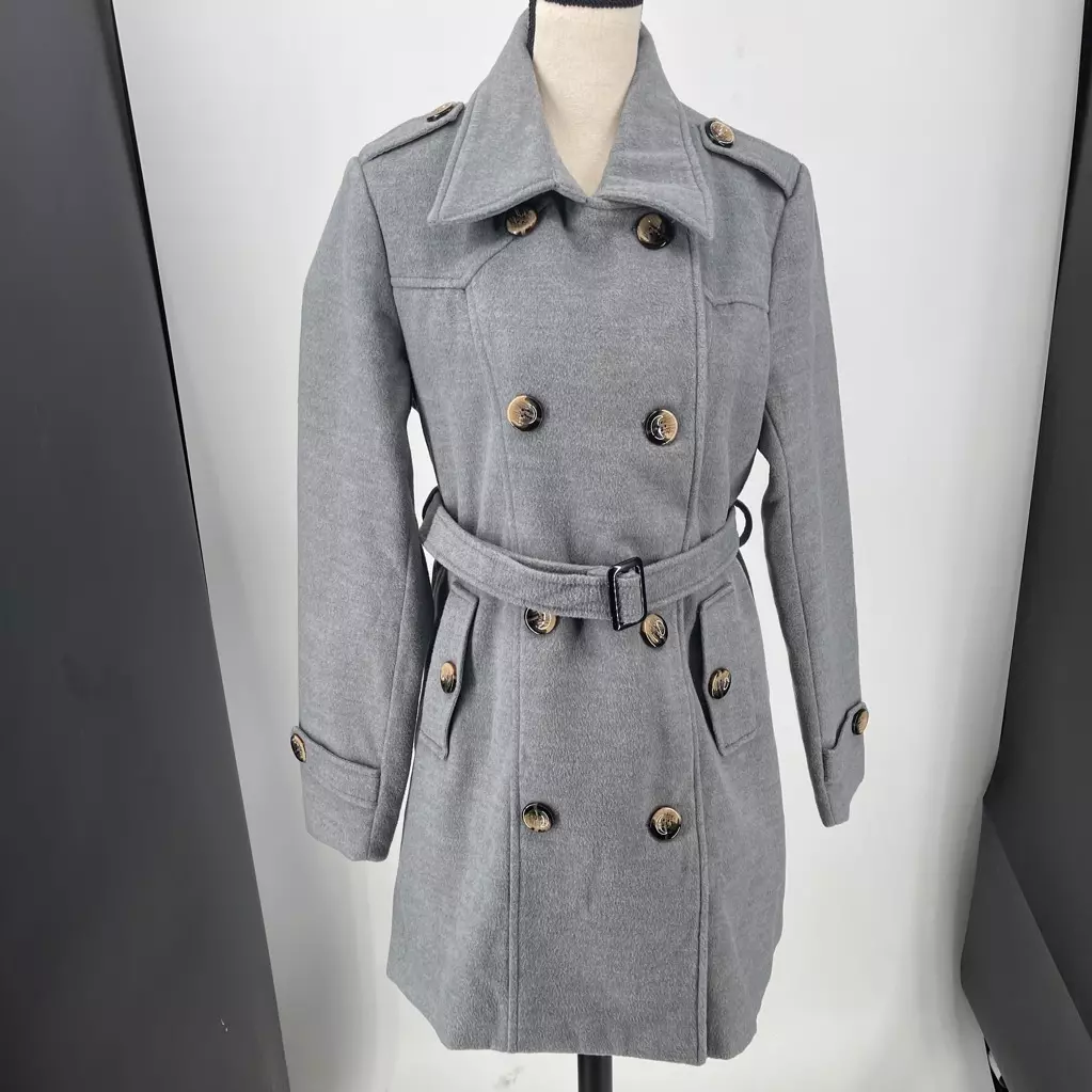Wantdo Womens Trench Coat Gray Fleece Buttons Epaulettes Collar