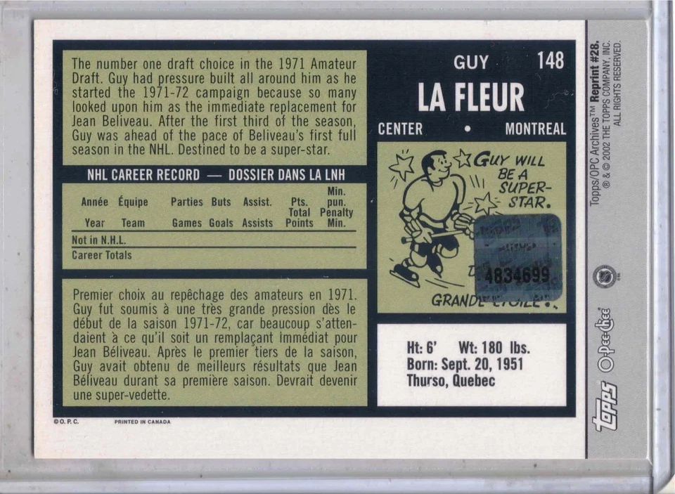 2001-02 TOPPS O-Pee-Chee Archives hockey Guy Lafleur authentic auto card READ ! - Image 2 of 2