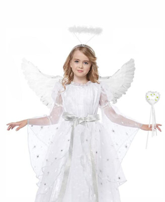 Angel Feather Wings w/Halo Ring Wand Costume Props Adult Teen Kids Valentine's