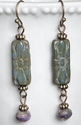Etched Bronze with Blue, Green and Lavender Picasso Bead Earrings. Boho Chic.