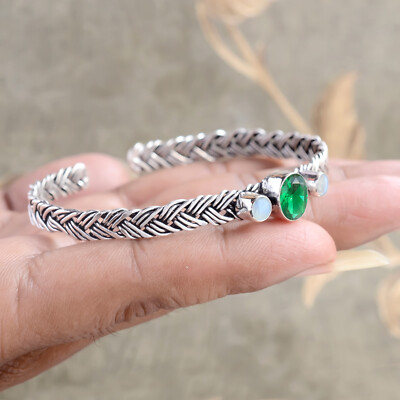 Faceted Diopside & Moonstone Gemstone 925 Sterling Silver Christmas Party Bangle
